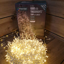 1000 LED 25m Indoor Outdoor Christmas Multi Function Mains Operated String Lights with Timer & Clear Cable in Warm White