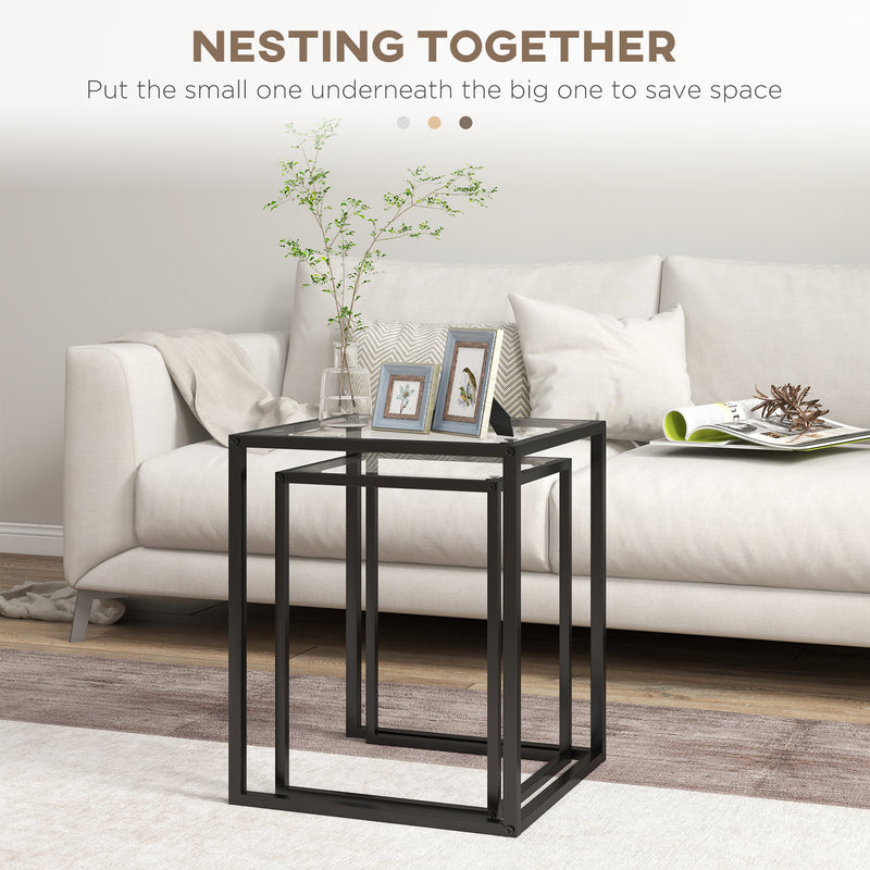 HOMCOM Nesting Tables Set of 2, End Table with Tempered Glass Top, Black
