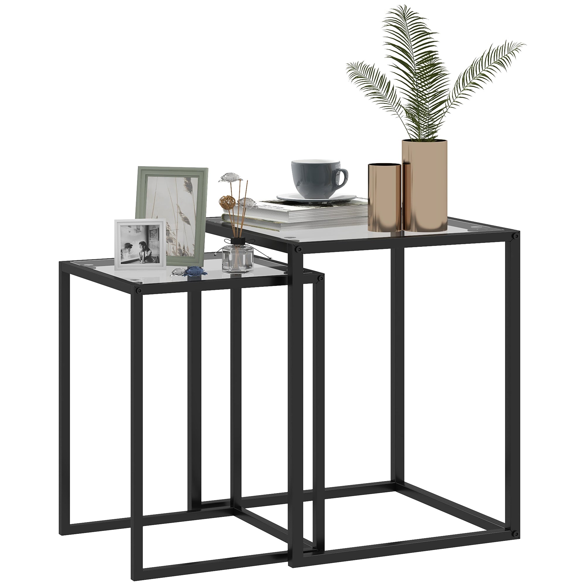 HOMCOM Nesting Tables Set of 2, End Table with Tempered Glass Top, Bla
