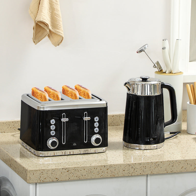 HOMCOM 1.7L 3000W Rapid Boil Kettle and 4 Slice Toaster Set Crumb Tray