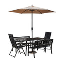 Outdoor 6 Person Rectangular Glass Top Garden Dining Table Benches & Chairs With Beige Havana Parasol and Base Set