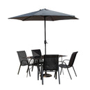 Outdoor 4 Person Rectangular Glass Top Garden Dining Table Chairs With Grey Havana Parasol and Base Set