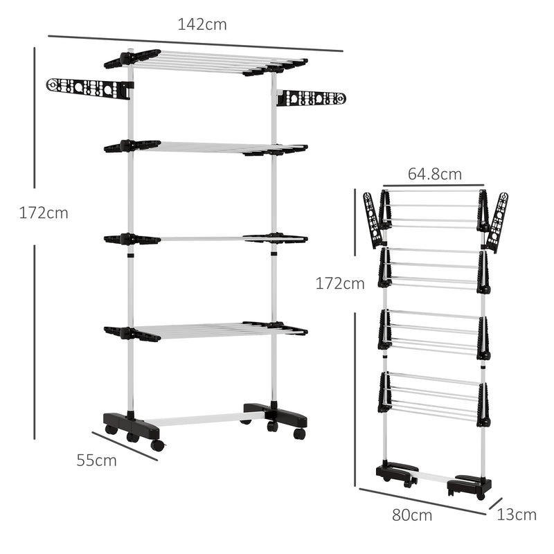 HOMCOM 4-Tier Large Clothes Airer Stainless Steel Clothes Drying Rack Black