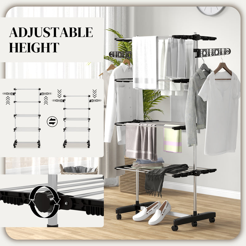 HOMCOM 4-Tier Large Clothes Airer Stainless Steel Clothes Drying Rack Black