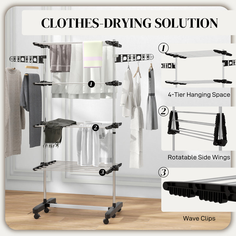 HOMCOM 4-Tier Large Clothes Airer Stainless Steel Clothes Drying Rack Black