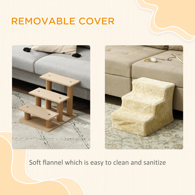 PawHut Three-Step Portable Dog Stairs With Washable Plush Cover, For Small Pets