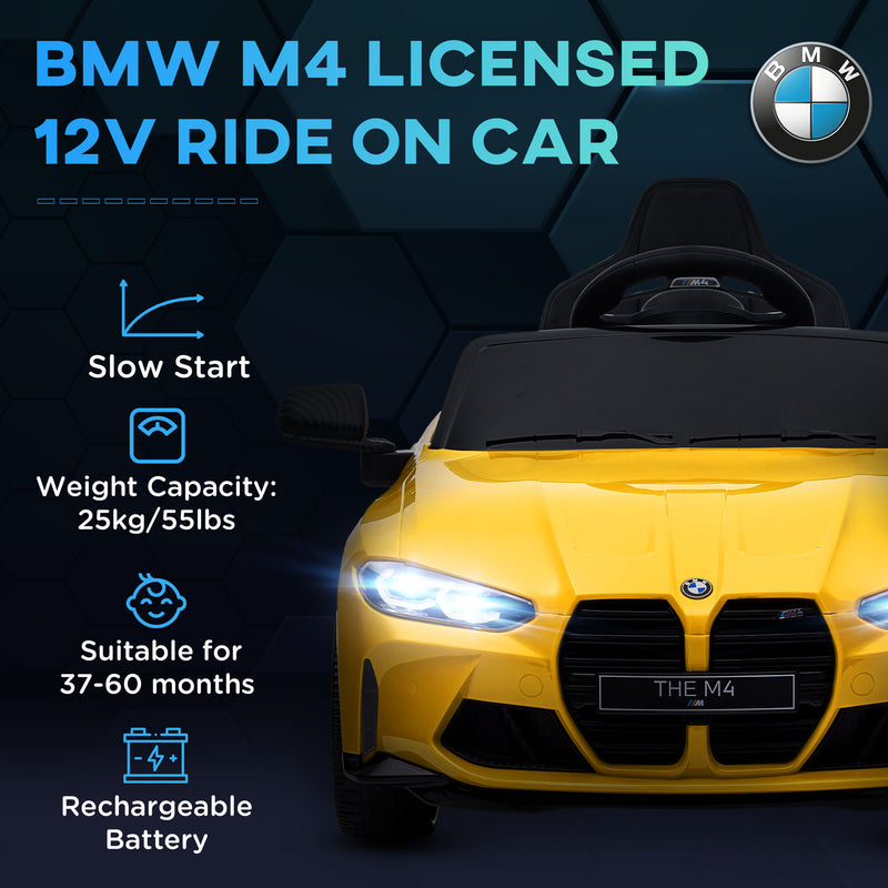 AIYAPLAY 12V Yellow BMW M4 Licensed Kids Electric Car w/ Remote, Suspension