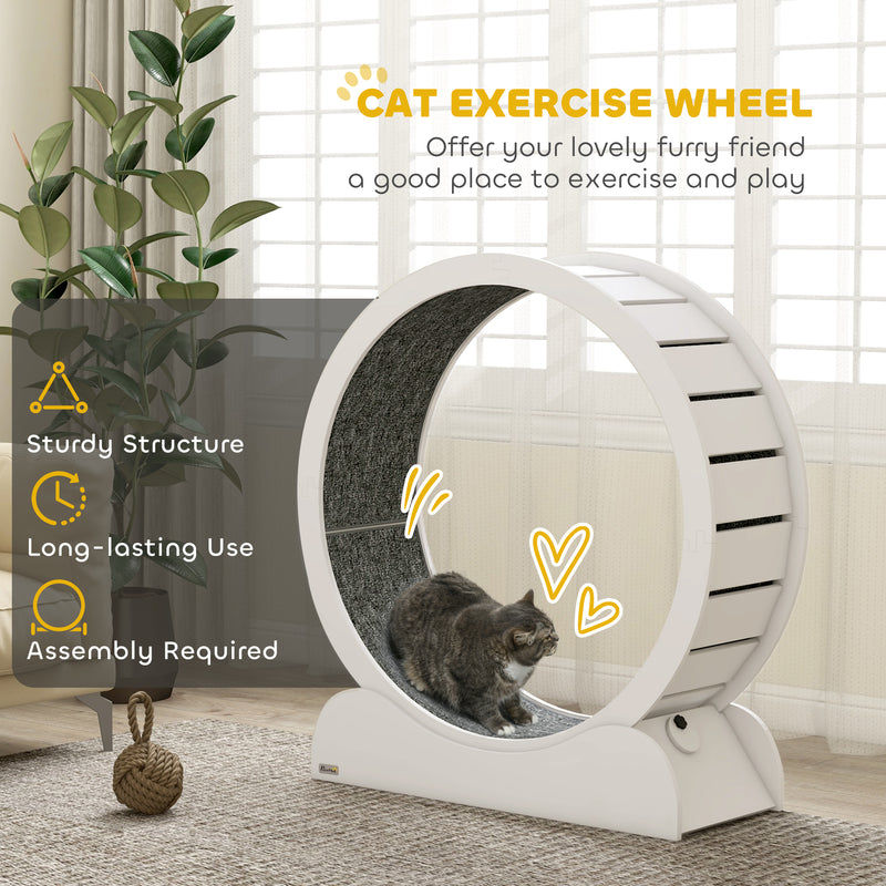 PawHut Cat Treadmill, 39.4 Inch Wooden Cat Running Wheel With Brake - White/Natural Wood Finish