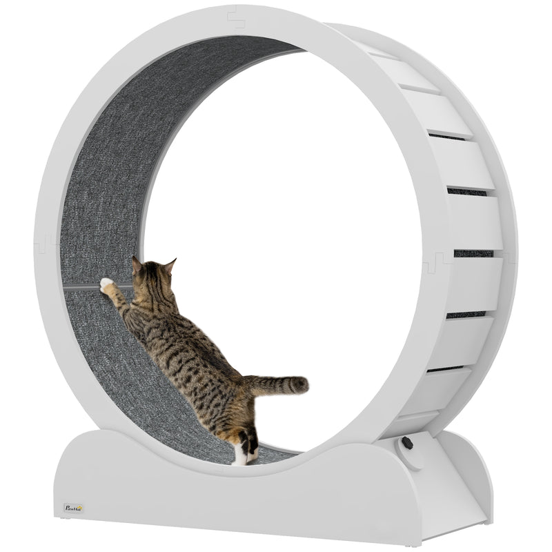 PawHut Cat Treadmill, 39.4 Inch Wooden Cat Running Wheel With Brake - White/Natural Wood Finish