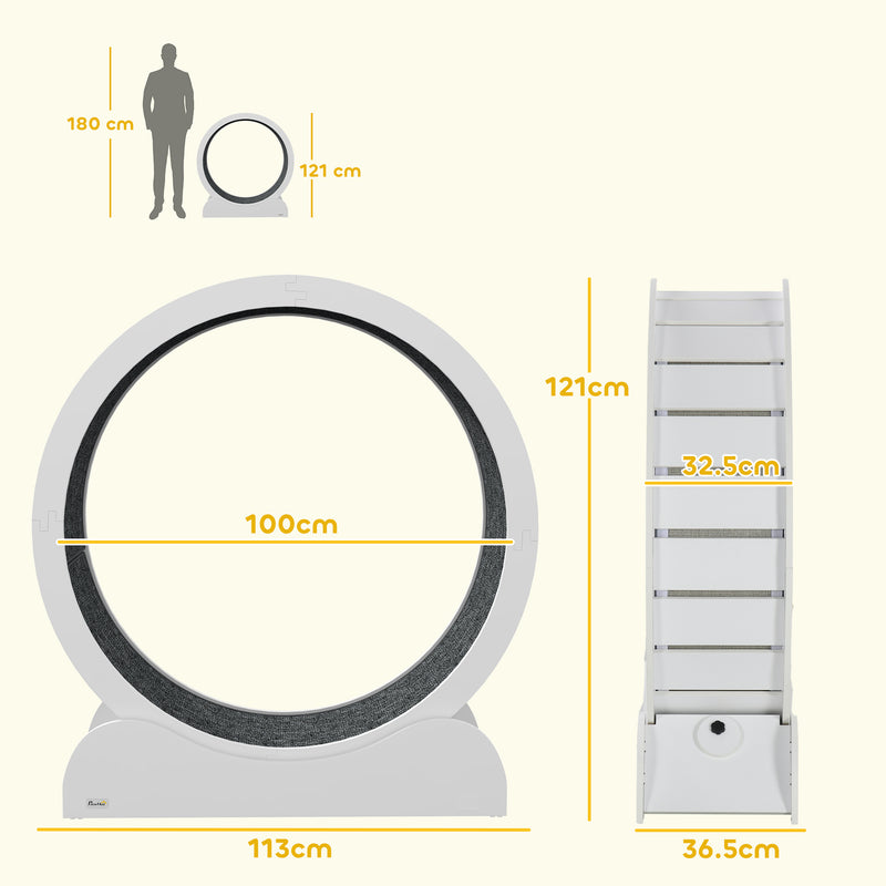 PawHut Cat Treadmill, 39.4 Inch Wooden Cat Running Wheel With Brake - White/Natural Wood Finish
