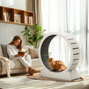 PawHut Cat Treadmill, 39.4 Inch Wooden Cat Running Wheel With Brake - White/Natural Wood Finish