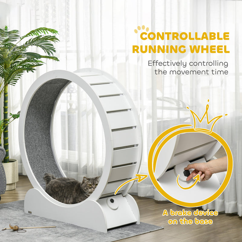 PawHut Cat Treadmill, 39.4 Inch Wooden Cat Running Wheel With Brake - White/Natural Wood Finish