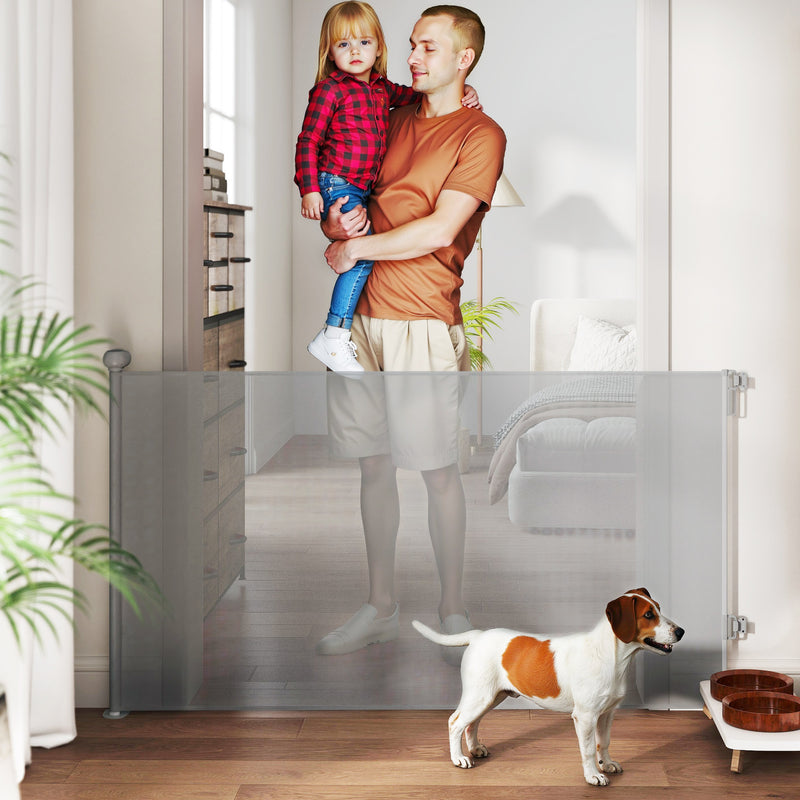 PawHut Retractable Stair Gate, Dog Gate Extends Up To Wide, Grey