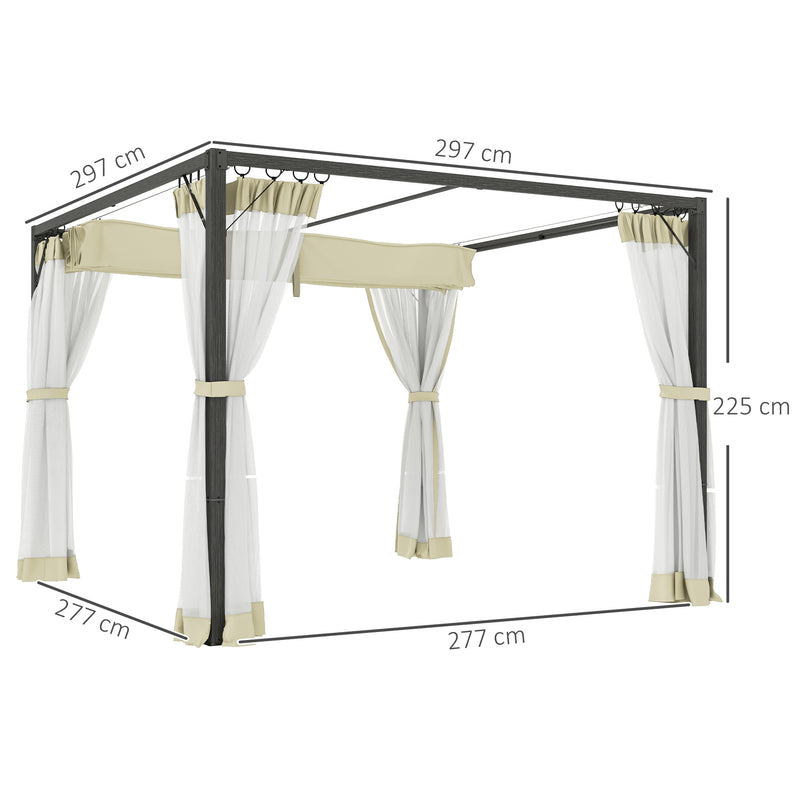 Outsunny Pergola with Retractable Roof and Netting - Khaki