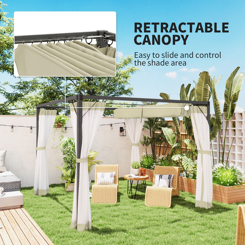 Outsunny Pergola with Retractable Roof and Netting - Khaki