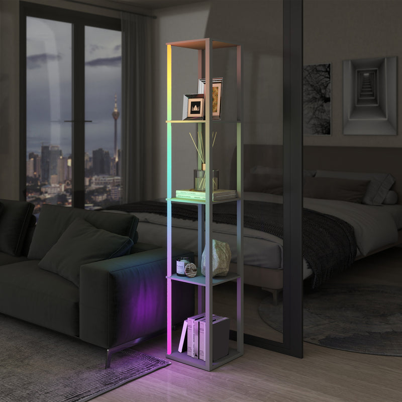 HOMCOM RGB LED Floor Lamp with Shelves and Remote Control for Bedroom