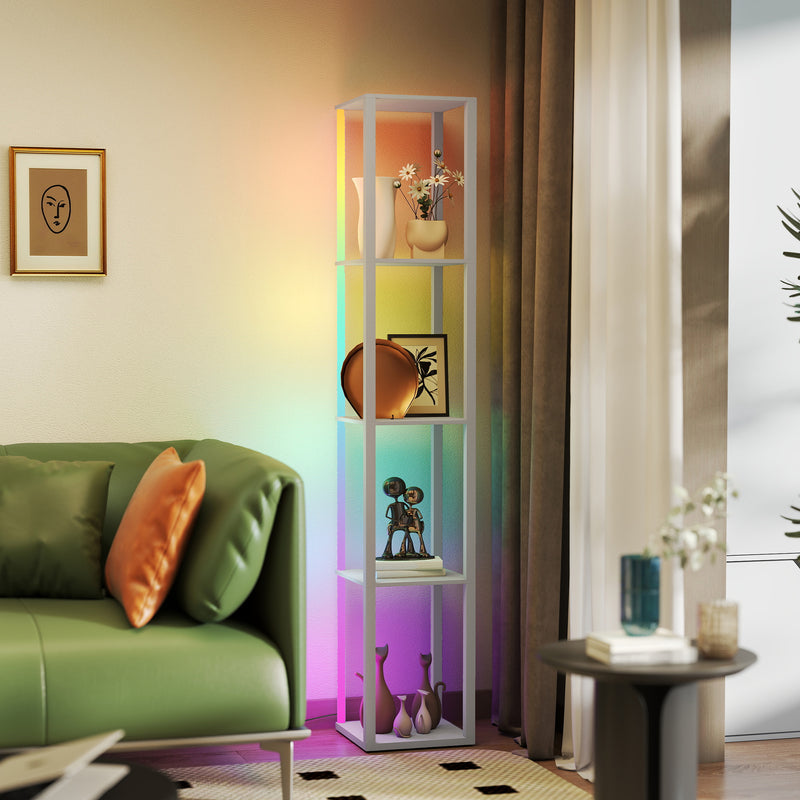 HOMCOM RGB LED Floor Lamp with Shelves and Remote Control for Bedroom