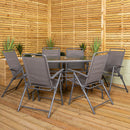 Samuel Alexander Outdoor 6 Seater Glass Top Table and Chairs Patio Set with Parasol in Grey