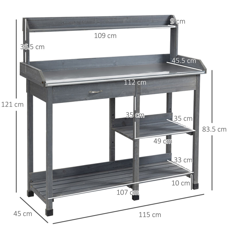 Outsunny Garden Potting Table Wooden Workstation w/ Metal Tabletop, Drawer, Shelves