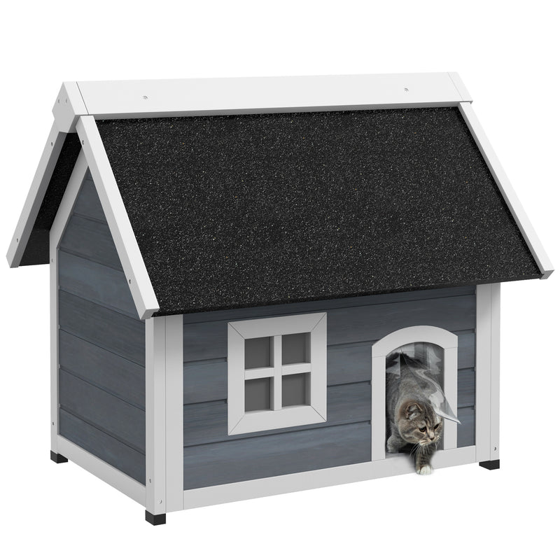 PawHut Outdoor Feral Cat House with Openable Asphalt Roof, Grey