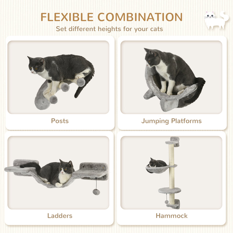 PawHut Four-Piece Cat Wall Furniture w/ Hammock, Ladder, Platforms, Steps - Grey