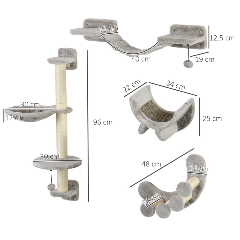 PawHut Four-Piece Cat Wall Furniture w/ Hammock, Ladder, Platforms, Steps - Grey