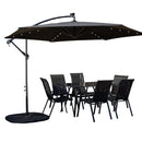 Outdoor 6 Person Rectangular Glass Top Garden Dining Table Chairs With Black Banana Lit Parasol and Base