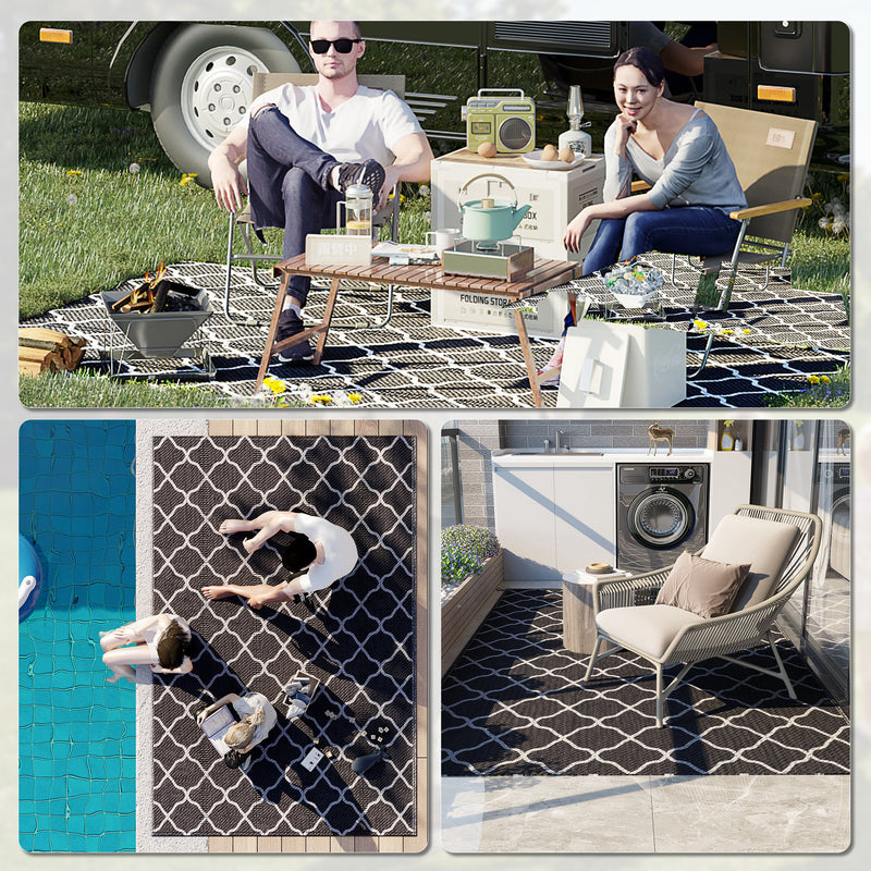 Outsunny Reversible Waterproof Outdoor Rug W/ Carry Bag, 182 x 274 cm, Black