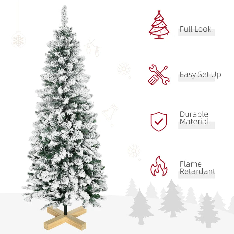 HOMCOM Christmas Tree Snow Flocked Slim 5' with Pinewood Base