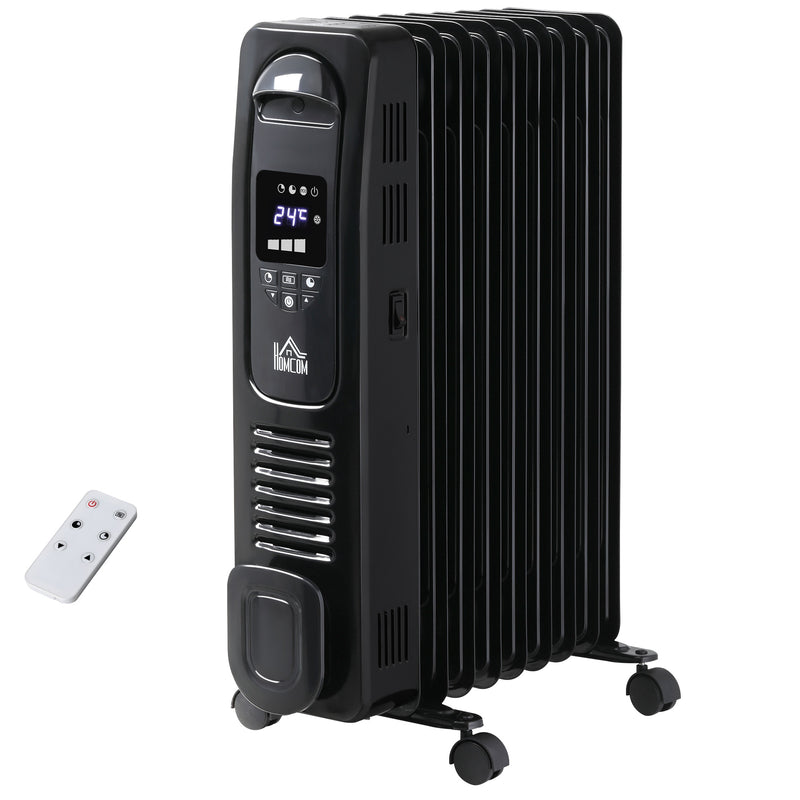 HOMCOM 2180W Black Oil Filled Radiator, 9 Fin Portable Heater w/ Timer Remote Control