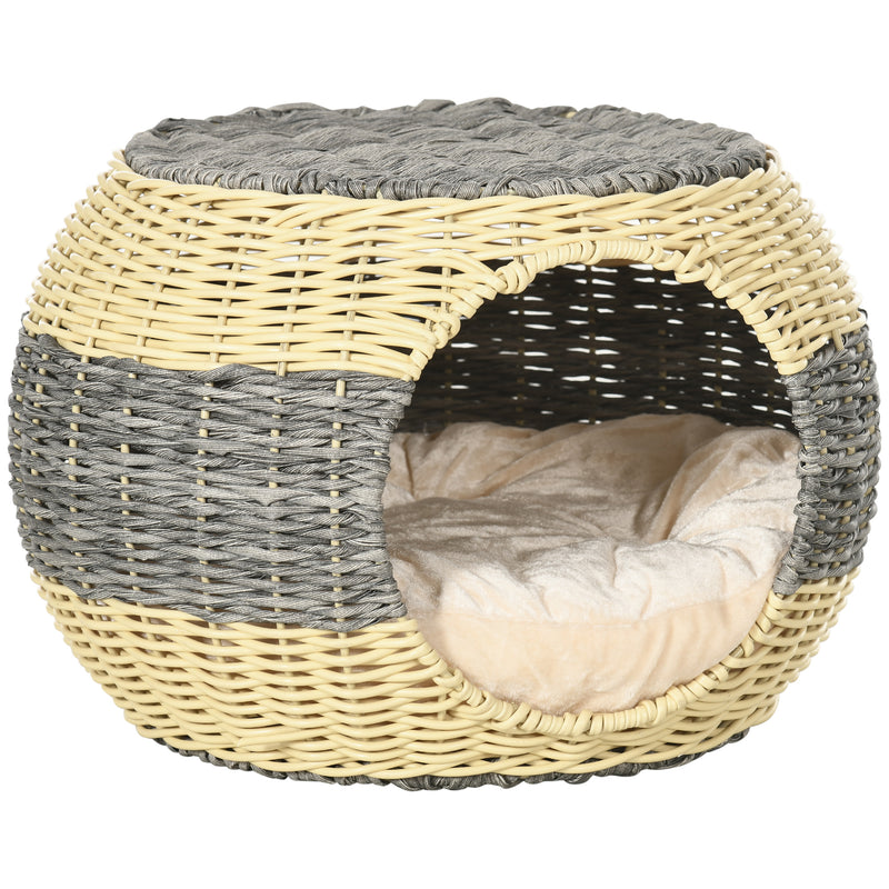 PawHut Wicker Cat House, Rattan Raised Cat Bed w/ Soft Cushion, ?40 x 30cm
