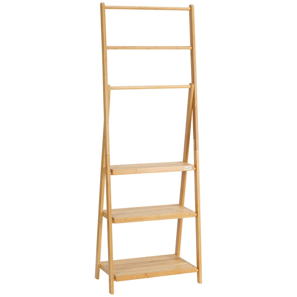 kleankin Foldable Natural Bamboo Towel Rack with 3 Towel Rails and 3 Shelves