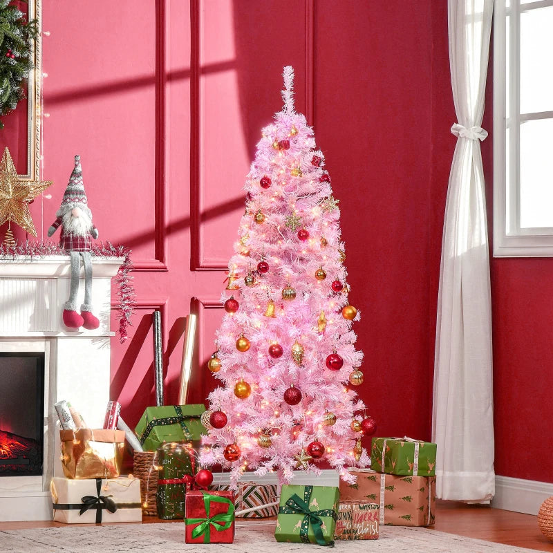 HOMCOM Christmas Tree Slim Pink 7' with 350 Warm White LED Lights