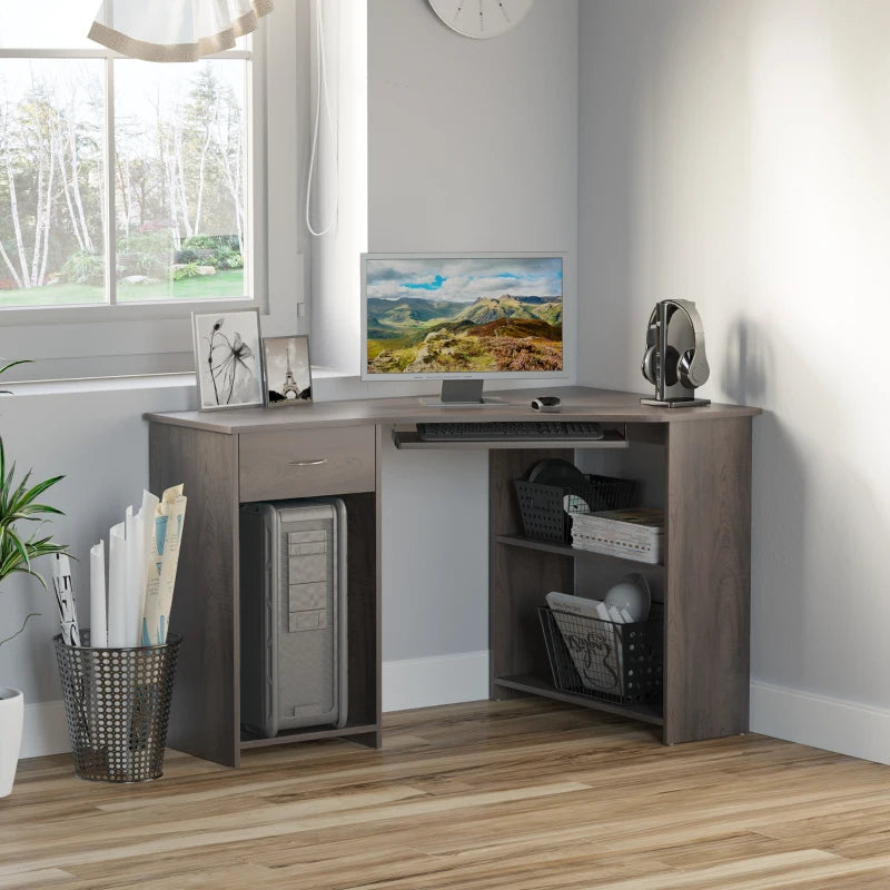 HOMCOM Corner Computer Desk with Shelves 75x120x70cm Grey