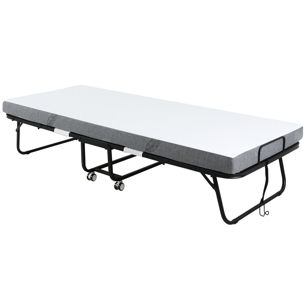 HOMCOM Folding Bed with 10cm Mattress Portable Foldable Guest Bed with Wheels