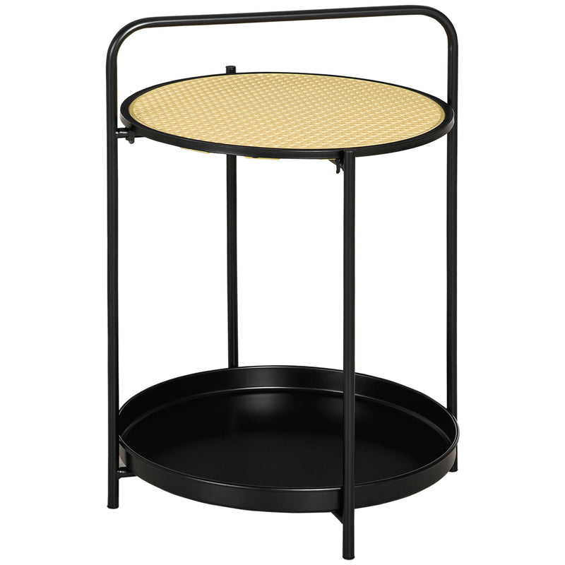 HOMCOM Side Table End Table with Serving Tray and Plastic Rattan Shelf, Black