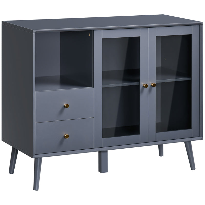 HOMCOM Modern Sideboard, Glass Door Buffet Cabinet with 2 Drawers, Grey