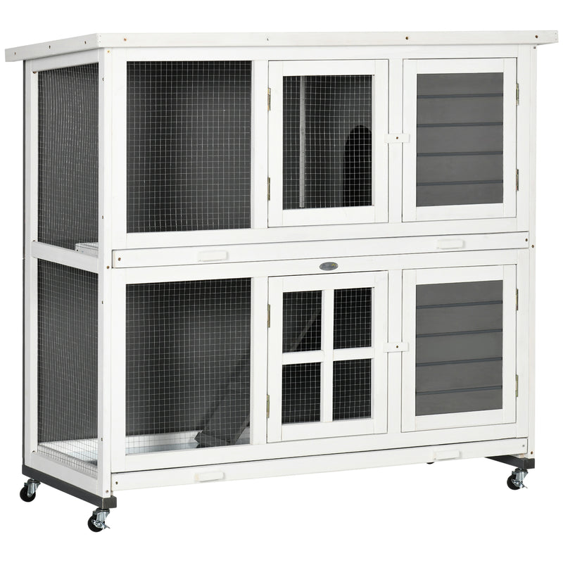 PawHut Wooden Rabbit Hutch, Small Animal House w/ Wheels, Removable Tray - Grey