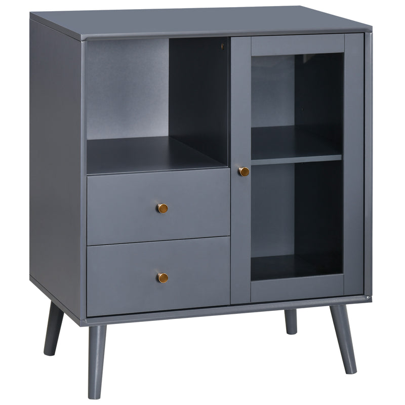 HOMCOM Modern Sideboard Cabinet, Glass Door Cupboard with 2 Drawers, Grey