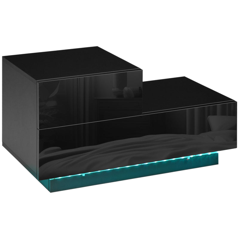 HOMCOM High Gloss Front Bedside Table Nightstand with LED Light Remote Black