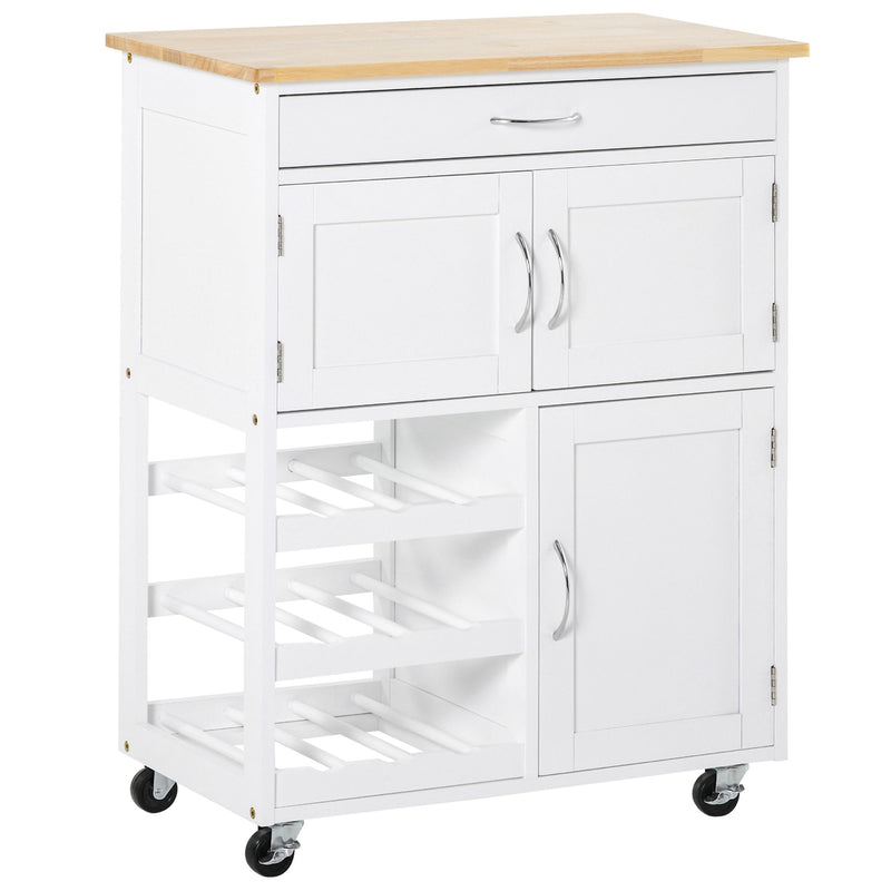 HOMCOM Rolling Kitchen Island Trolley Storage Cart with Rubberwood Top Wine Rack
