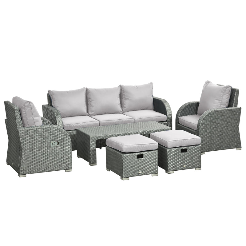 Outsunny 6pc Padded Outdoor Rattan Wicker 3-Seat Sofa Recliner Footstool Table - Light Grey