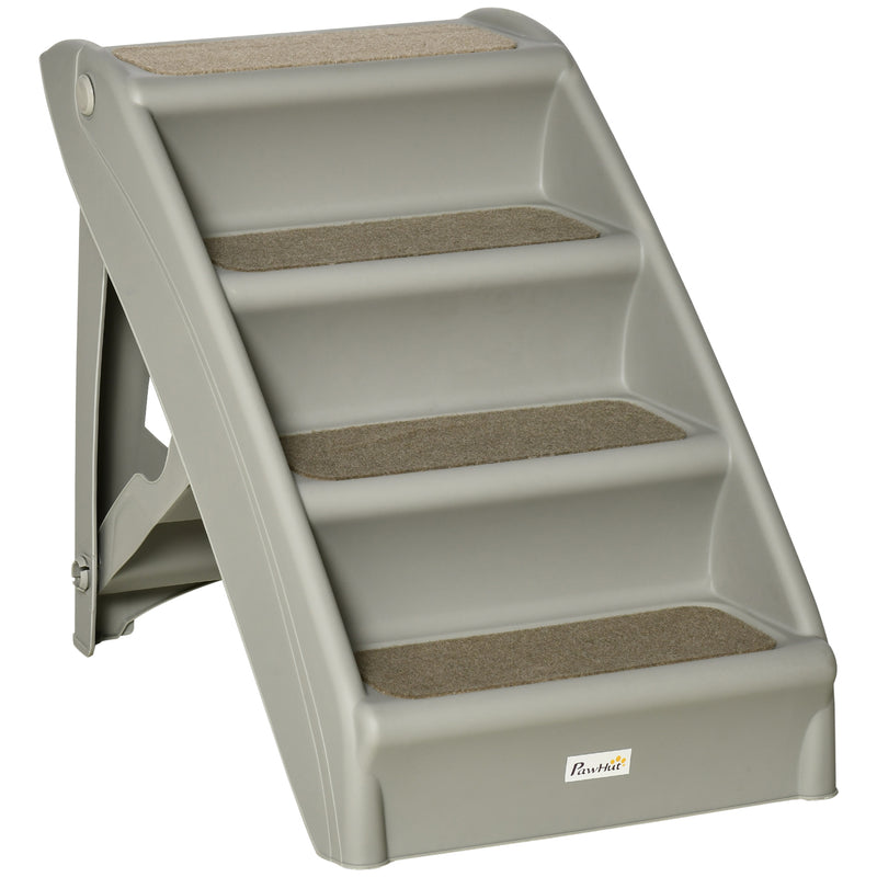 PawHut Four-Step Foldable Pet Stairs w/ Non-Slip Mats, for S, XS Dogs - Grey