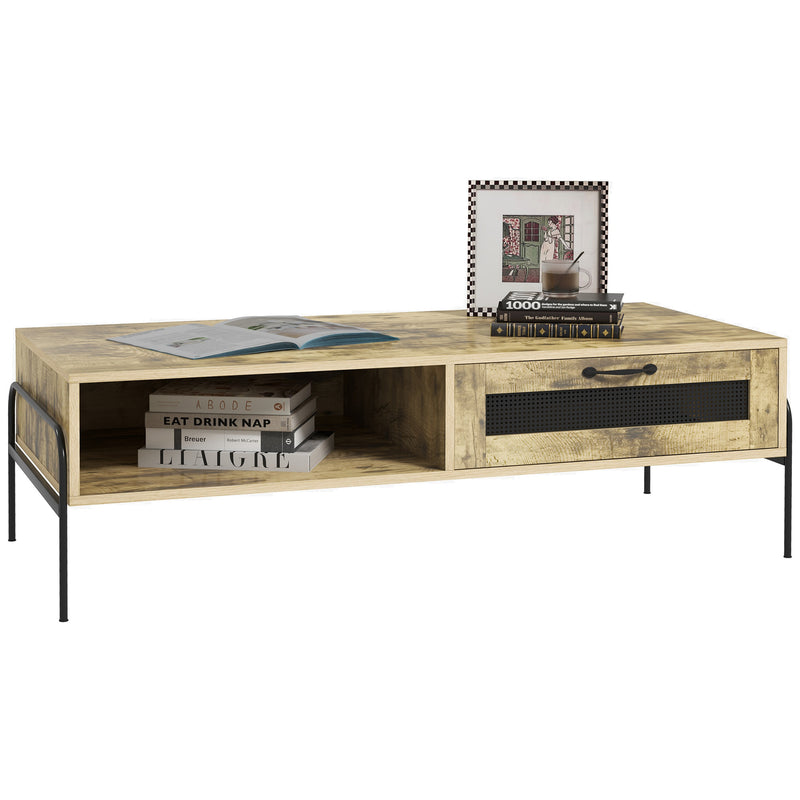 HOMCOM Industrial Coffee Table W/ Drawer and Open Storage Compartment Metal Legs