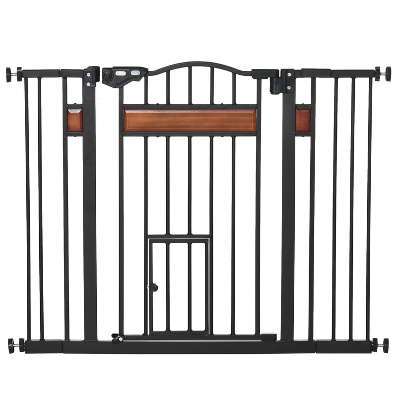 PawHut Dog Gate Pet Safety Gate W/ Cat Door Auto Close Pine Decor 74-105 cm Wide