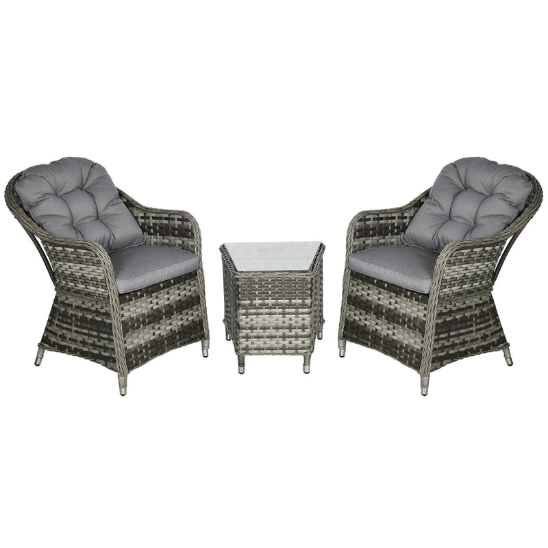 Outsunny 3 PCS Aluminium Rattan Bistro Set with Soft Cushions & Glass Top