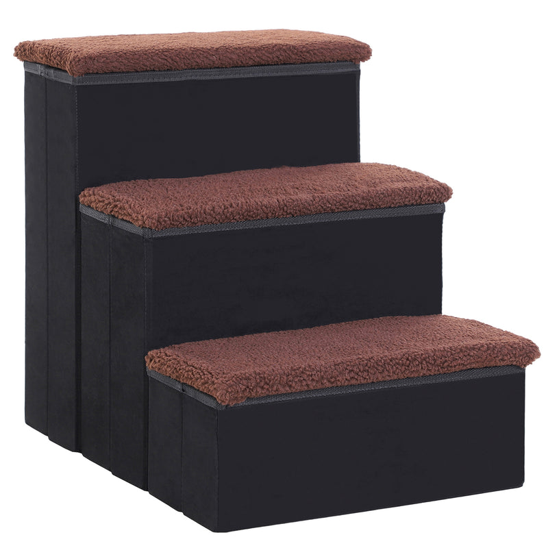 PawHut 3 Step Pet Stairs Portable Mobility Assistance w/ Washable Cover Black