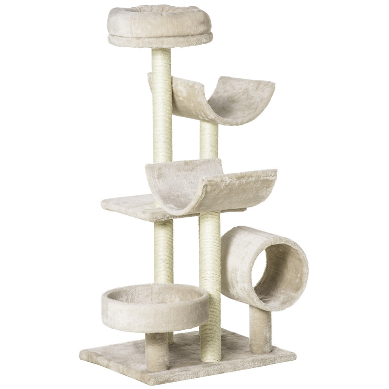 PawHut Cat Tree For Indoor Cats With Scratching Post Perch Tunnel Beige