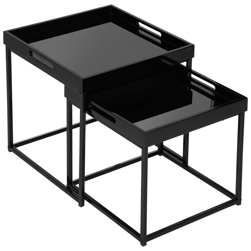 HOMCOM Coffee Table Set of 2 High Gloss Nest of Tables with Steel Frame, Black