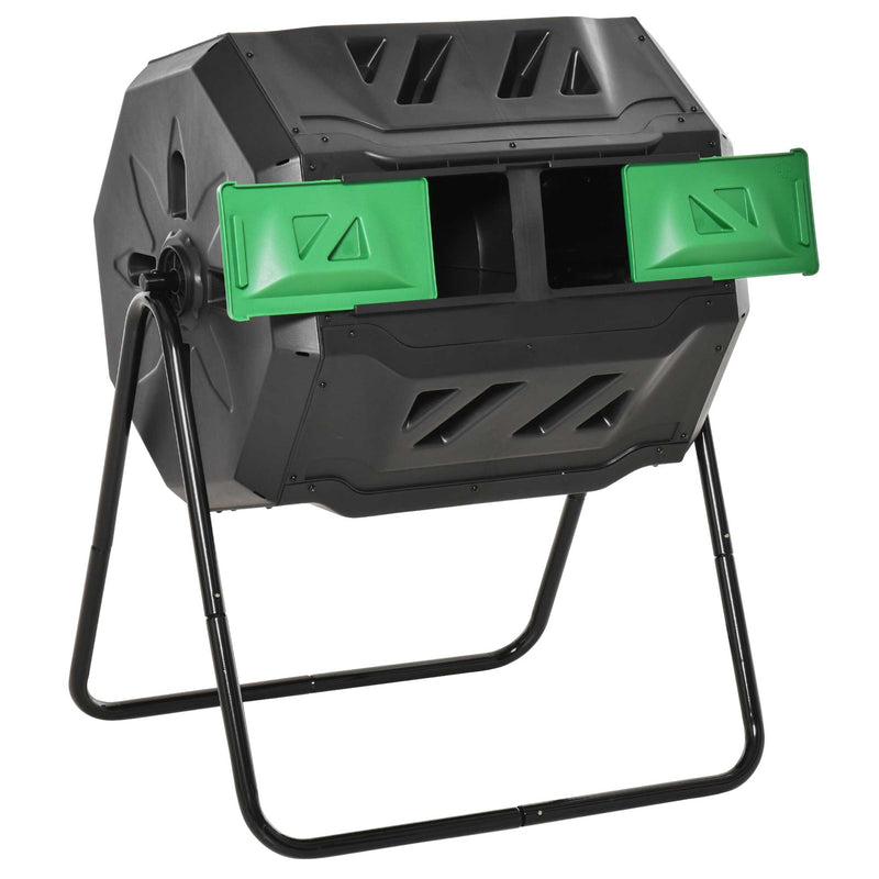 Outsunny 160L Outdoor Tumbling Compost Bin w/ Dual Chamber, Sliding Doors, Black